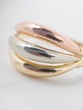 14K Tri Color Gold Ring Yellow White Rose Sculptural Band Size 6.5